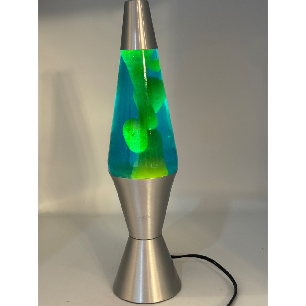 Vintage Lava Lite Lamp Blue Liquid Green Wax Brushed Silver Base 2001 E127444 - Picture 12 of 14